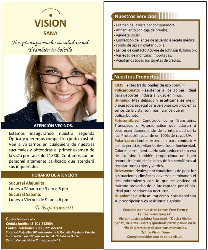 Flyer publicitario Visión Sana Costa Rica
